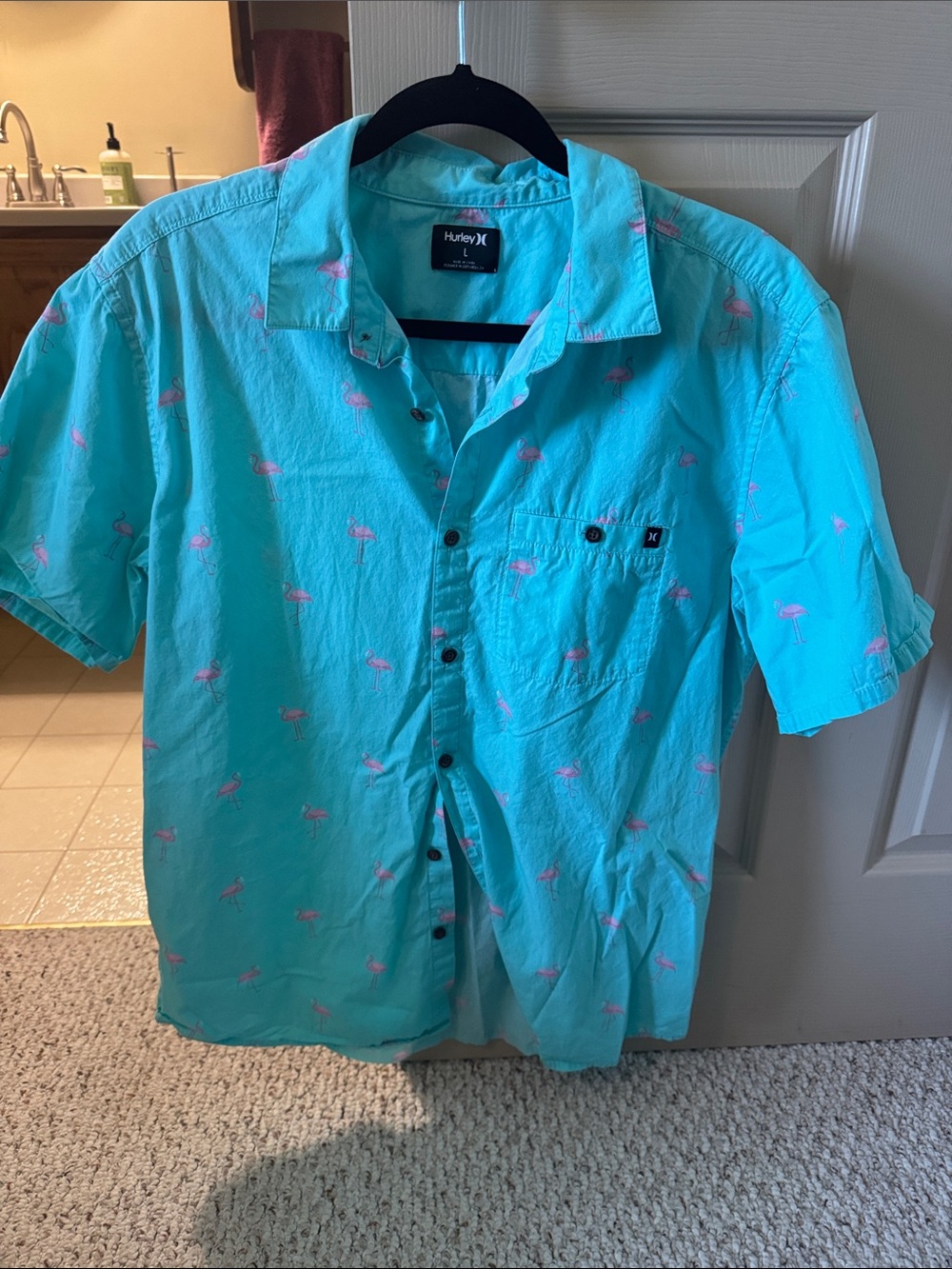 Hurley Men’s Aqua Short-Sleeve Shirt with Pink Flamingo Print